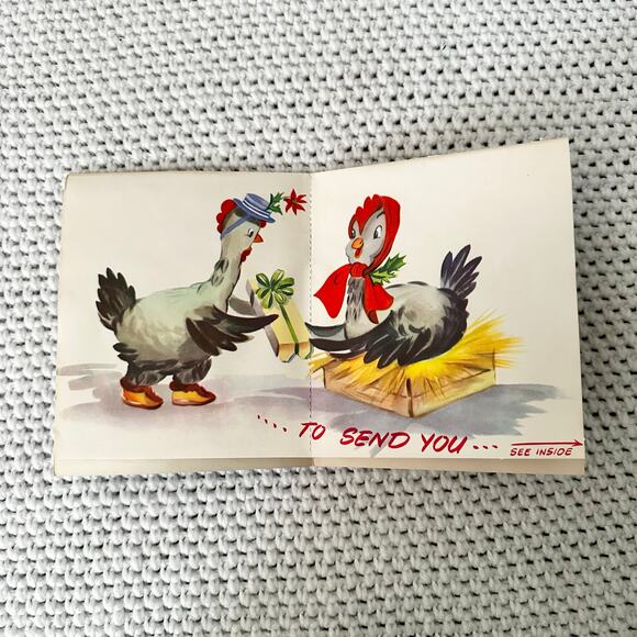 Full O Fun Vintage Christmas Single Pop Up Chicken Dozen Eggs Fold Out Card MCM - Picture 2 of 4